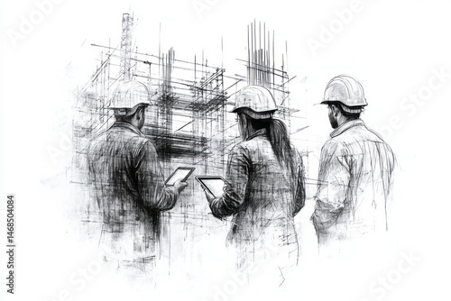 Sketch of construction workers reviewing blueprints.