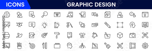 Graphic design web icons set in duotone outline stroke design. Pack pictograms with color palette, content, freelance, print, painting, brainstorm, portfolio, creative idea, tool. Vector illustration.