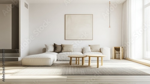Serene minimalist living room with natural light and neutral tones
