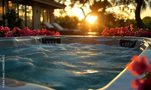 Tranquil sunset view from a luxurious hot tub surrounded by vibrant flowers and serene nature