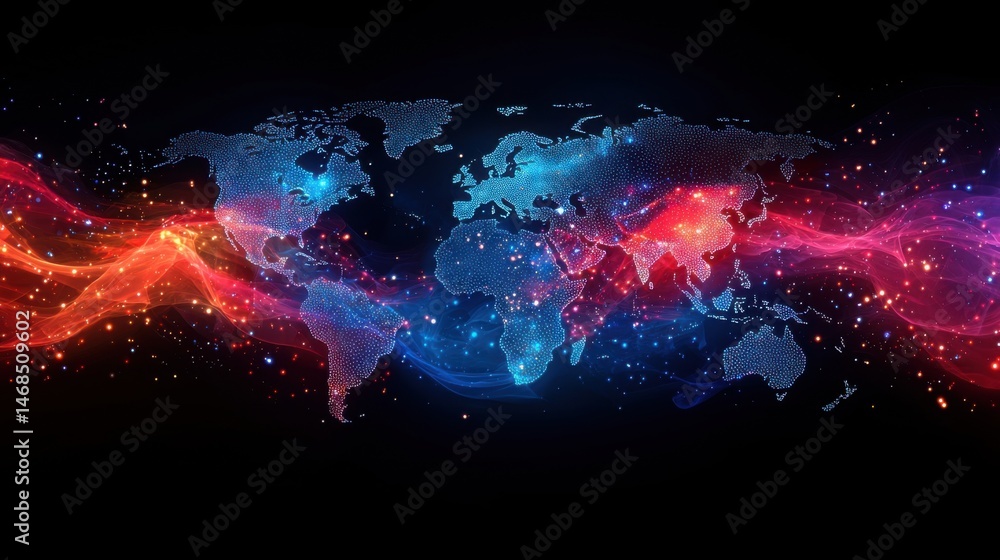 Obraz premium Colorful Abstract World Map with Glowing Sparkles and Waves