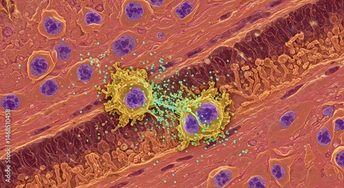 Microscopic View of Interacting Cells Under Radiant Light in Biological Tissue Sample