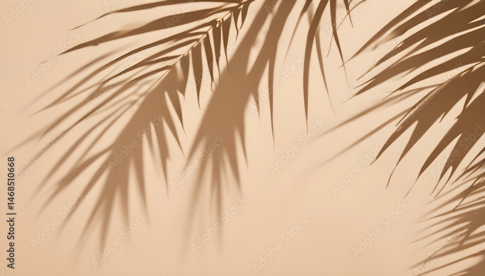 Obraz premium Palm leaves casting shadows on a beige wall, creating a minimalist and tropical aesthetic, the light source is positioned to the side