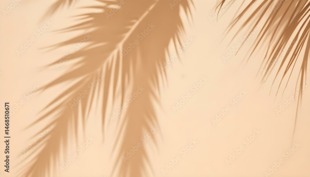 Obraz premium Palm leaves casting shadows on a beige wall, creating a minimalist and tropical aesthetic, the light source is positioned to the side