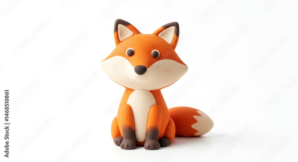 Obraz premium Adorable handcrafted clay fox figurine sitting upright against a plain white background, perfect for children's illustrations and creative projects, studio shot