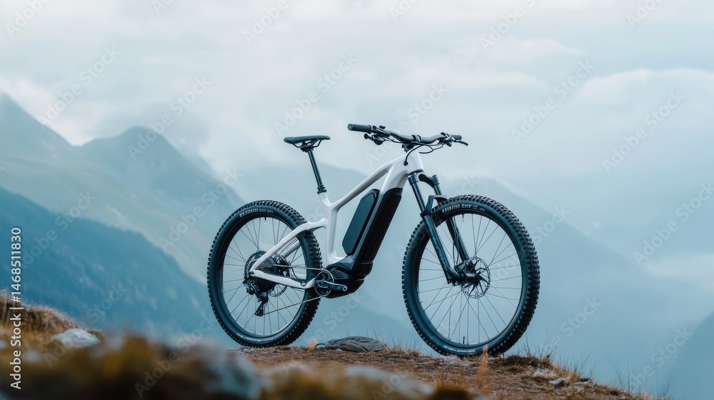 Fototapeta premium Electric mountain bike on rugged terrain, sleek design, vibrant blue color, adventure theme, ideal for outdoor enthusiasts.