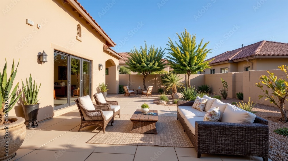 Obraz premium Elegant outdoor patio furniture surrounded by lush greenery and charming landscape design in a sunny residential setting