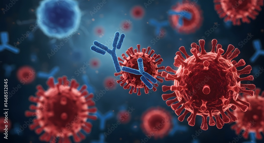 Close Up View of Viruses and Antibodies in a Microscopic Medical Research Environment Close Up View of Viruses and Antibodies in a Microscopic Medical Research Environment