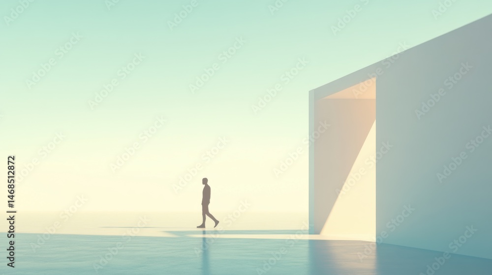 Obraz premium Minimalist scene with a figure standing near a geometric structure, serene water reflection, emphasizes solitude and contemplation.