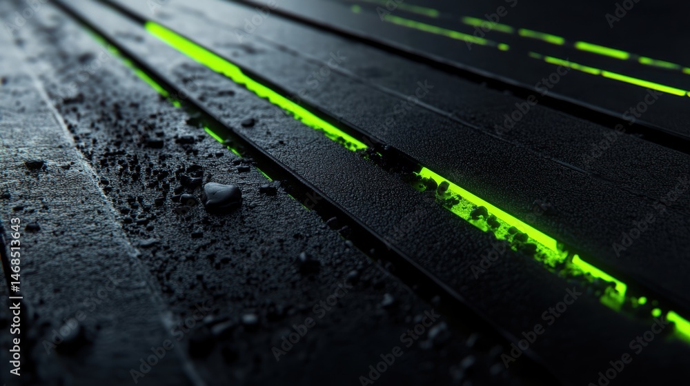 Fototapeta premium Futuristic Dark Surface with Green Neon Strip and Textured Ground for Urban or Sci-Fi Design Projects