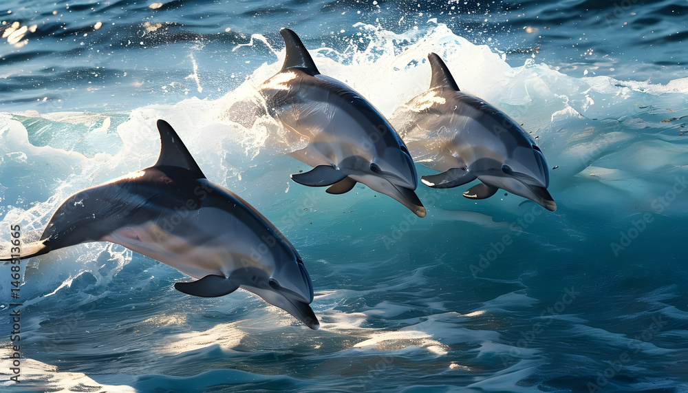 Fototapeta premium Dolphins leaping through waves ocean wildlife photography seascape action shot marine life exploration
