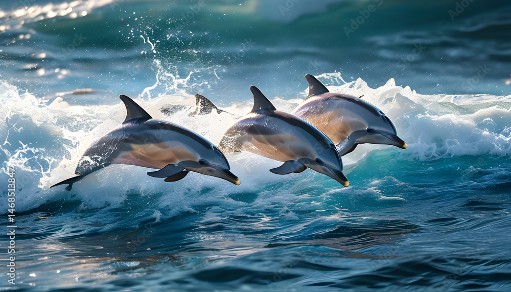 Fototapeta premium Dolphins leaping over waves ocean wildlife photography marine environment side view nature's grace