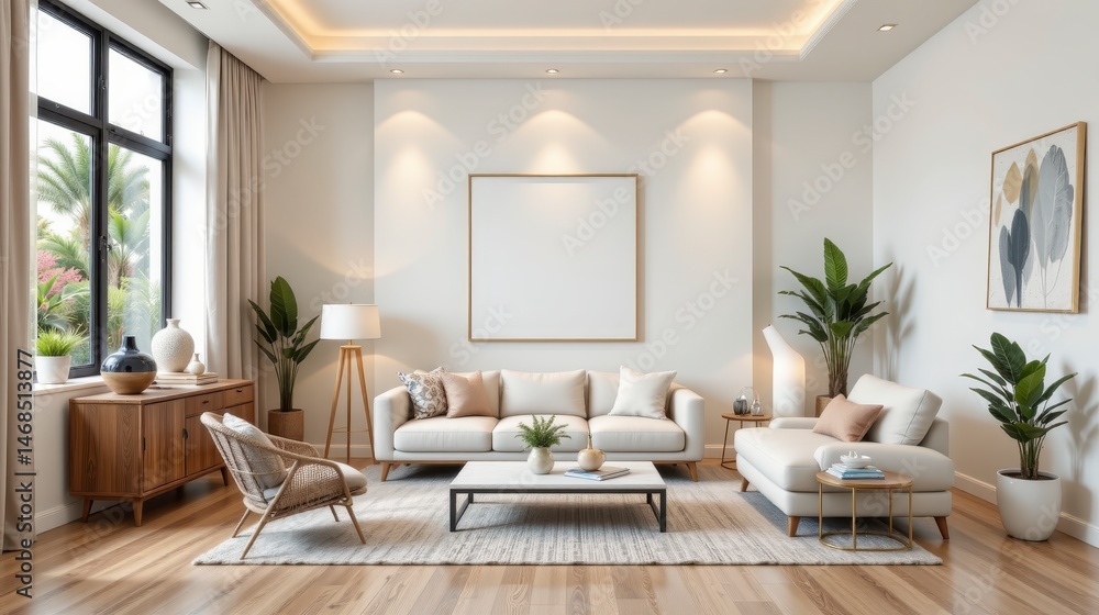 Fototapeta premium Elegant modern living room interior design with neutral colors, natural light, and stylish decor elements for comfortable ambiance