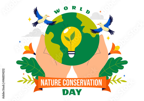 World Nature Conservation Day Vector Illustration featuring a World Map, Tree, and Eco Friendly Ecology and Environmental Preservation in a Background