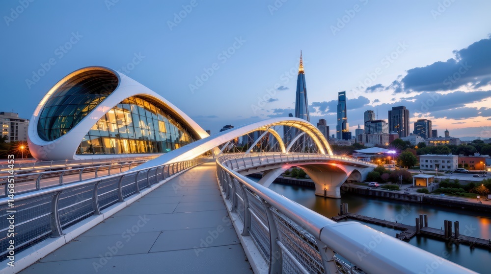Fototapeta premium Modern pedestrian bridge with city skyline and sunset glow featuring iconic skyscrapers under a beautiful evening sky