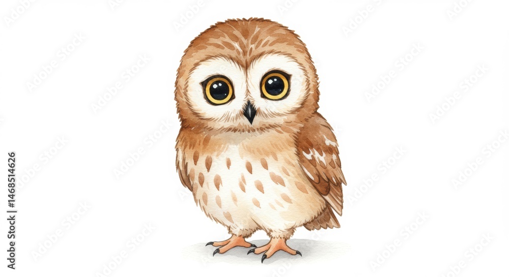 Obraz premium Adorable watercolor owl illustration with big golden eyes and detailed feathers perfect for children's books and nature themed designs, a charming forest animal