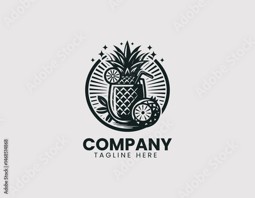 Pineapple Juice in Clear Glass Tropical Fruit Slices Vector Logo Design, Refreshing Pineapple Juice Clear Glass Tropical Fruit Logo Vector