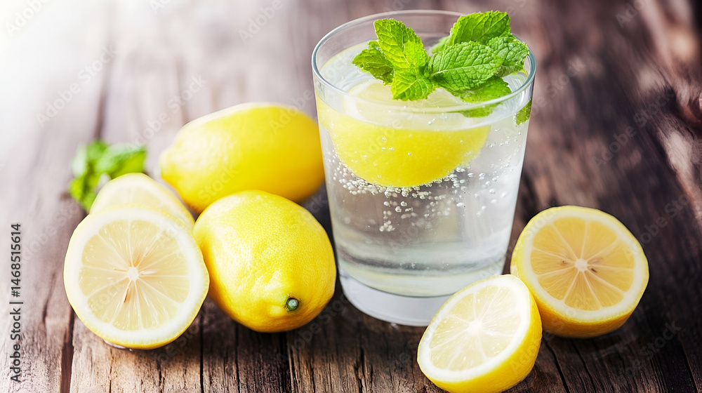 Refreshing Lemon Water with Mint on Rustic Wooden Table Refreshing Lemon Water with Mint on Rustic Wooden Table