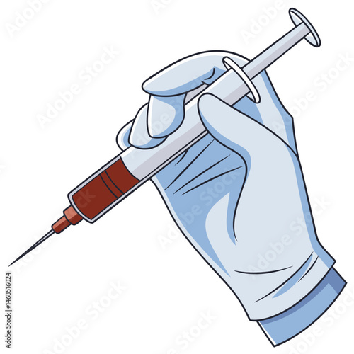 A gloved hand holding a syringe filled with a red liquid against a white background