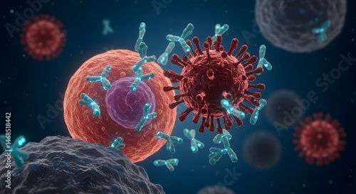 3D Illustration of Antibodies Attacking Virus Cells in a Microbial Environment
