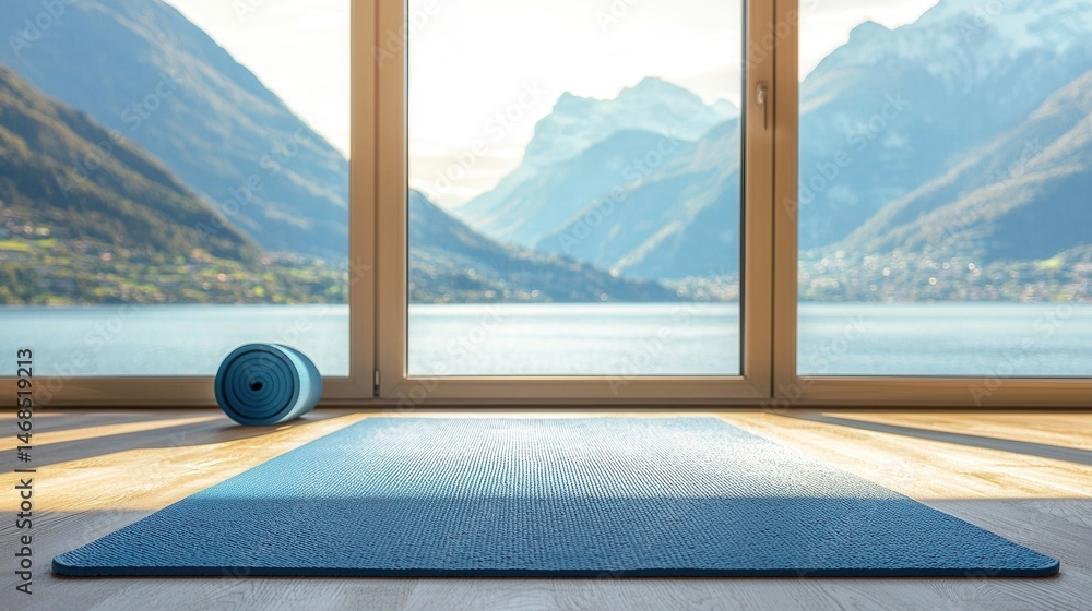 Fototapeta premium Yoga Mat by Window with Mountain View