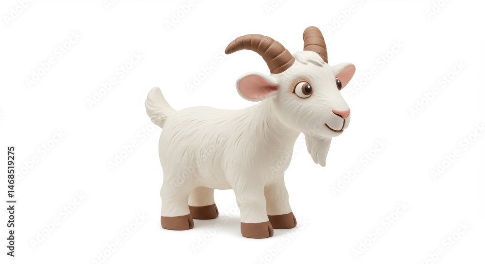 Cute cartoon goat figurine with brown horns and hooves stands on a white background, perfect for children's books, educational materials and farm animal illustrations. Cute cartoon goat figurine with brown horns and hooves stands on a white background, perfect for children's books, educational materials and farm animal illustrations.