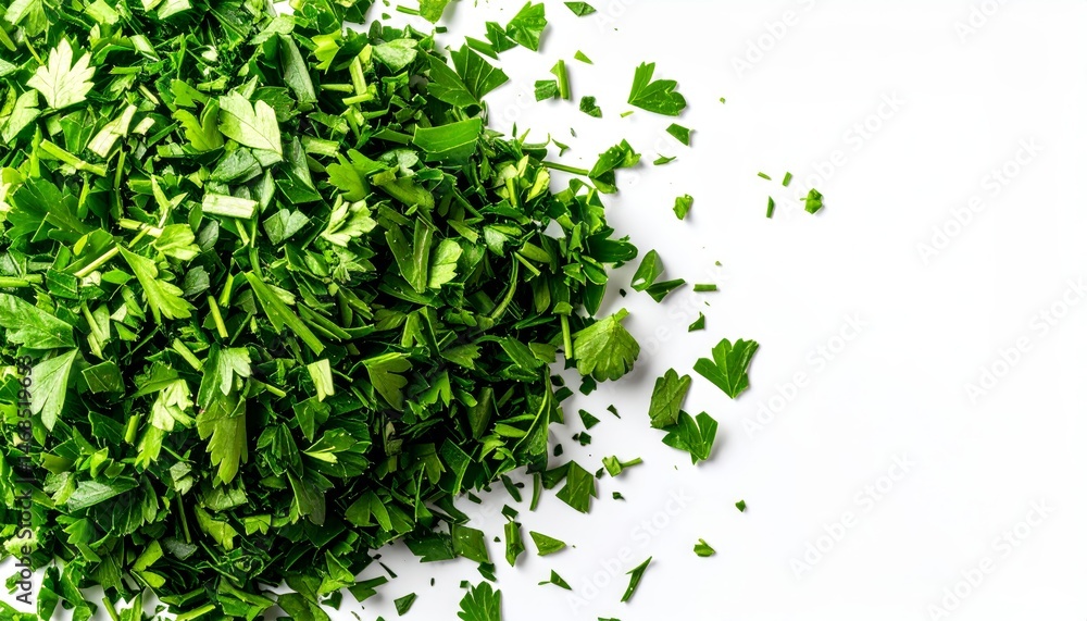 Obraz premium Vibrant green parise leaves, a fresh pile on clean white background for culinary and decorative uses