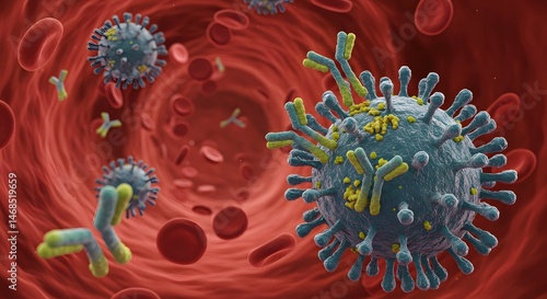 Microscopic View of Virus and Antibodies in Human Bloodstream Representing Infection and Health
