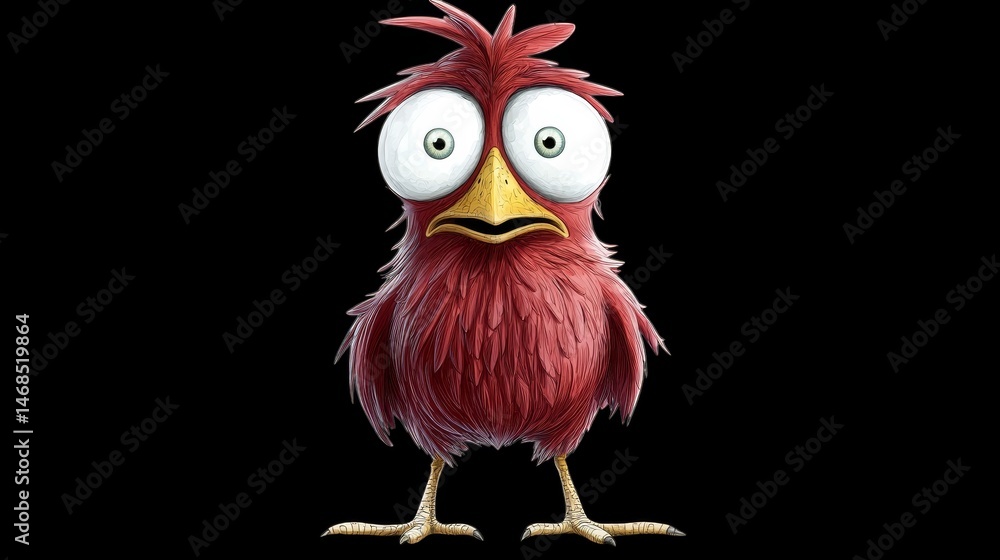 Fototapeta premium A cartoonish red bird with wide, startled eyes and a yellow beak stands against a black backdrop.