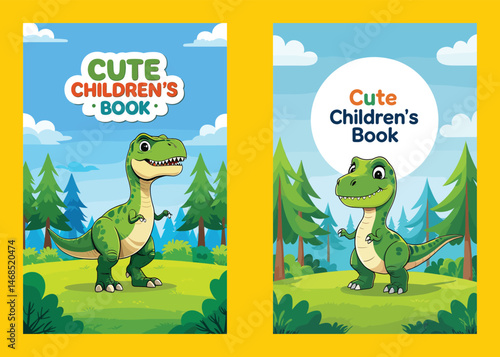 Cute Childrens Book Covers Featuring Cartoon Dinosaur Outdoors Scenery Art