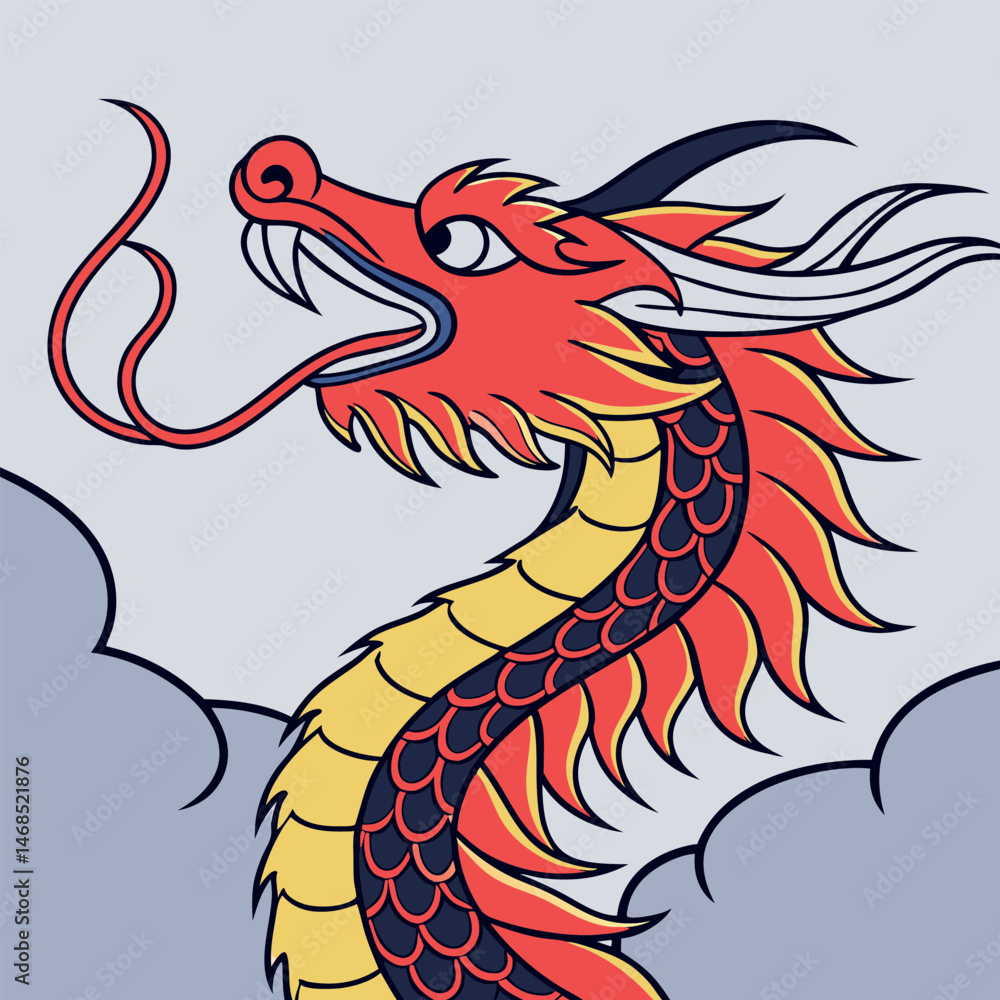 Illustration of a red and yellow dragon with clouds on a light gray background Illustration of a red and yellow dragon with clouds on a light gray background