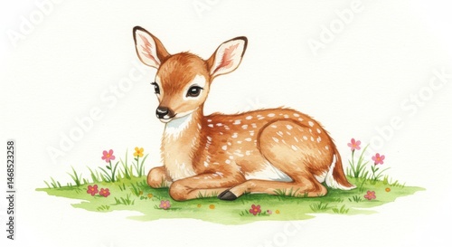 Adorable watercolor illustration of a baby deer lying in a field of grass and wildflowers creating a charming and whimsical scene perfect for children's books, nursery decor, and springtime designs.
