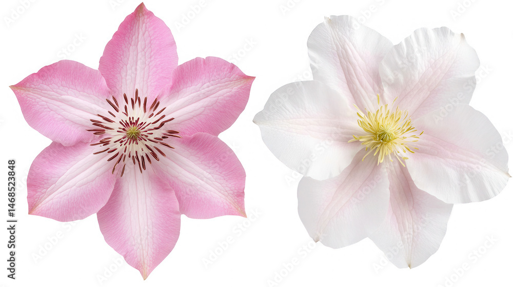 Delicate clematis blooms showcase soft pink and pristine white petals, isolated against a striking black backdrop Delicate clematis blooms showcase soft pink and pristine white petals, isolated against a striking black backdrop