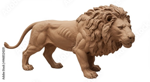 Majestic Lion Sculpture Standing Proudly with Intricate Details on a White Background, Ideal for Art, History, and Wildlife Projects Requiring a Strong Visual Impact