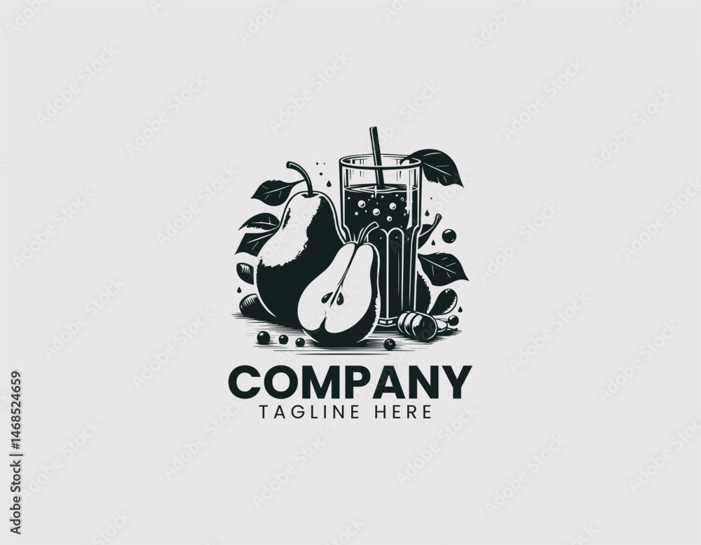 Fototapeta premium Refreshing Pear Juice in Clear Glass Surrounded by Fresh Pears Vector Logo Design, Cool Pear Juice Clear Glass Fresh Pear Fruit Logo Vector