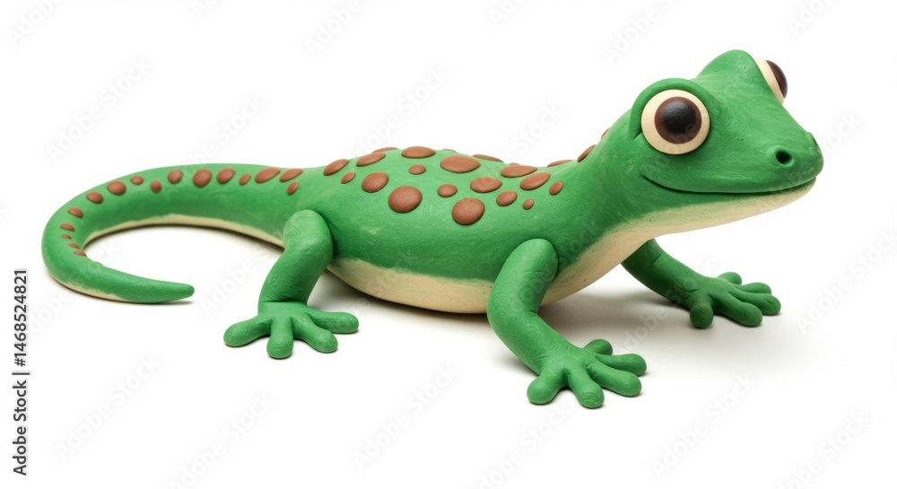 Fototapeta premium Playful Green Gecko Sculpture Adorned with Brown Spots A Charming Reptile Figurine Crafted from Clay a Whimsical Wildlife Art Piece Perfect for Children's Decor and Educational Resources