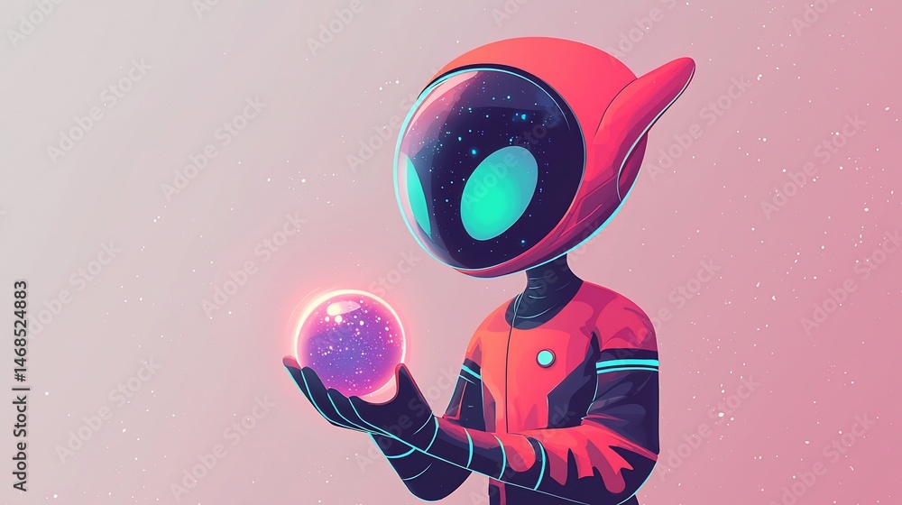 Fototapeta premium Cute Astro-Bot Holds Cosmic Orb