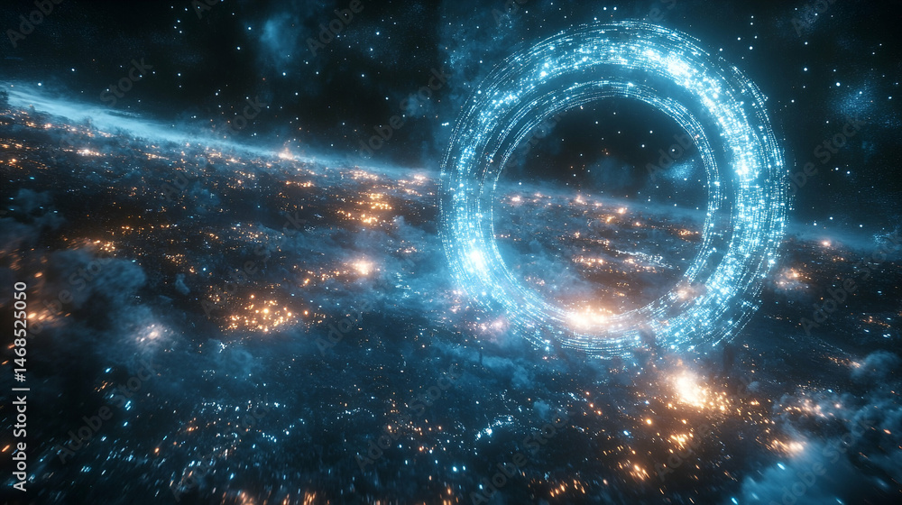 Obraz premium A luminous ring structure hovering over a cosmic scene.