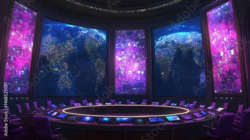 Futuristic conference room with glowing screens for corporate collaboration showcasing technology driven business innovation and strategy