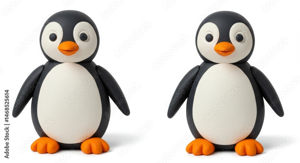 Obraz premium Two Adorable Clay Penguins Standing Side by Side on a White Background, Perfect for Children's Illustrations and Educational Materials, Cute and Playful