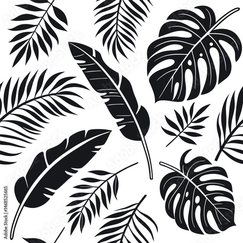 Black and White Tropical Leaf Silhouette Seamless Pattern Vector