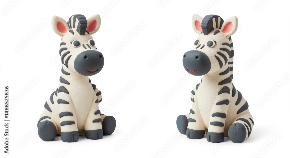 Two adorable zebra figurines sitting side by side against a white background, perfect for illustrating concepts of childhood, animal themes, and handcrafted art with a cute and playful design. Two adorable zebra figurines sitting side by side against a white background, perfect for illustrating concepts of childhood, animal themes, and handcrafted art with a cute and playful design.