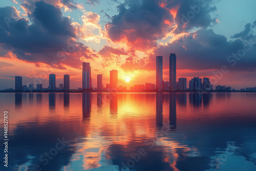 Miami skyline at sunset, vibrant colors reflect in the water, creating a stunning and picturesque view.