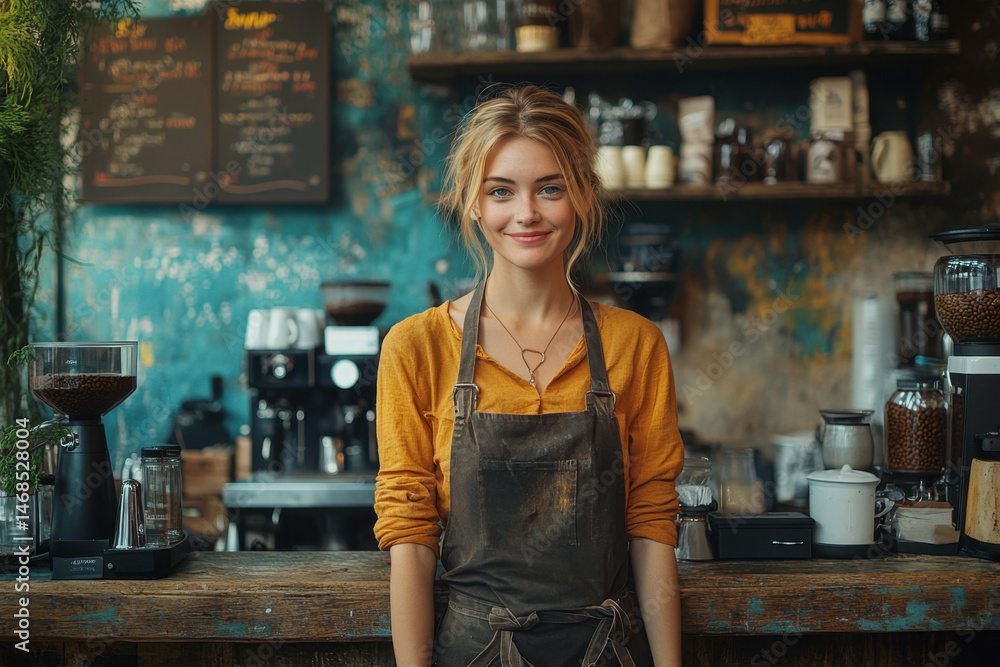 Woman standing behind coffee shop counter. Woman standing behind coffee shop counter.
