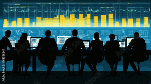 Data Analysis Team Inspecting Financial Graphs and Charts in Dark Room for Investment Decisions and Stock Market Predictions
