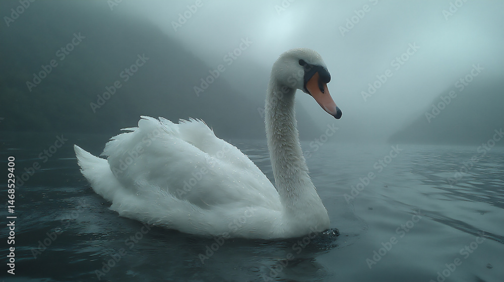 Naklejka premium silent swan gliding on misty lake