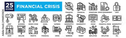 Financial crisis icon collection set. Containing design ,Financial ,Financial  ,Downturn ,Crisis Management ,Lock 