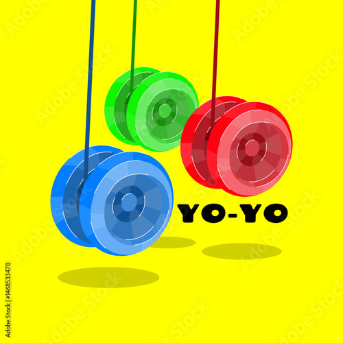 National Yo-Yo Day celebrated on June 6th. Three yo-yos in different colors on a yellow background.