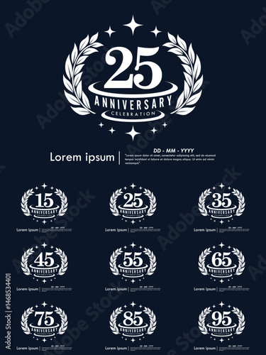 Set of 15-95h years anniversary celebration emblem. congratulations anniversary logo isolated with laurel wreath and stars on Black background. vector illustration template design