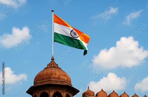 Indian flag flying against blue sky background at Red Fort